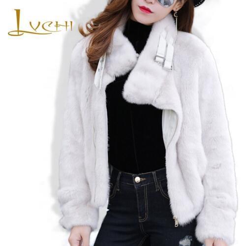 LVCHI Brand 2019 New Genuine Fur Womens Jacket Real Fur Coats For Women Full Pelt Mandarin Collar Leather Patchwork Mink Coat