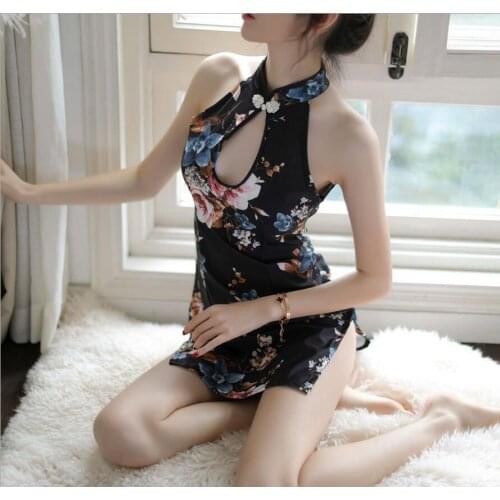Women Sexy Cosplay Costume Printed Cheongsam Anime Ladies Bodysuit Dress Lace Outfit Role Play Slim Fit Open Chest Uniform