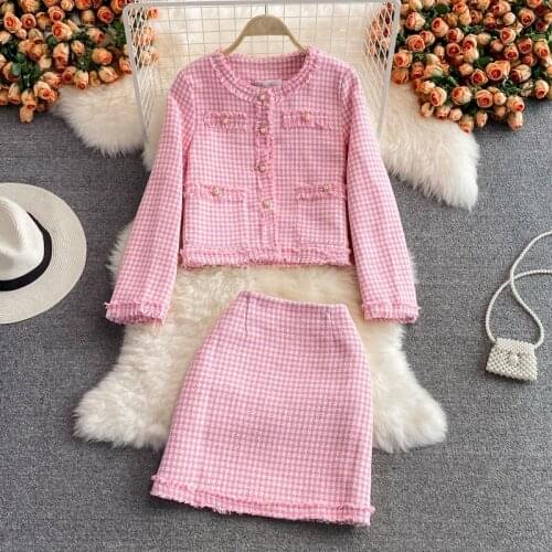 Spring Autumn Vintage Tweed Two Piece Set Women Fashion Temperament Short Jacket + Mini Skirts Set Female Casual Office Clothing