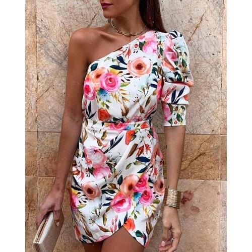 Dress popular One Shoulder Floral Print Bodycon Dress Women One Sleeve Plunge Summer Dress Irregular Sexy Party Dresses