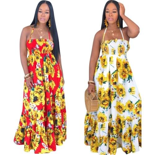 Ladies Dress Sexy Fashion Sunflower Print Halter Halter Halter Back New Unique Design Elegant Formal Evening Party Vestidos