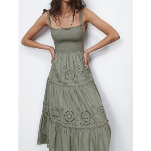 ZA Embroidery Women White Dress Summer Strap Backless Women Tr Dress Af Sleeveless Robe Hollow Out Vintage Party Midi Dresses