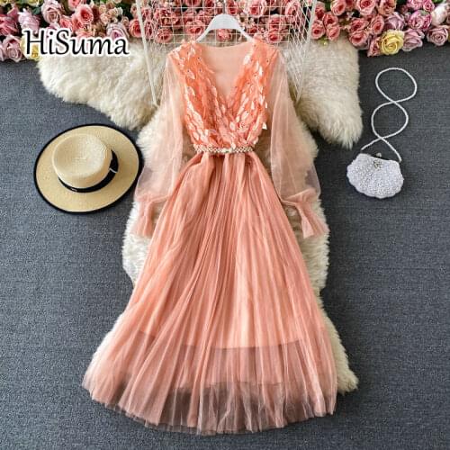 2021 spring new women deep v-neck 3D leaves lantern sleeve gauze A-line dress female elegant waist mesh princess dresses