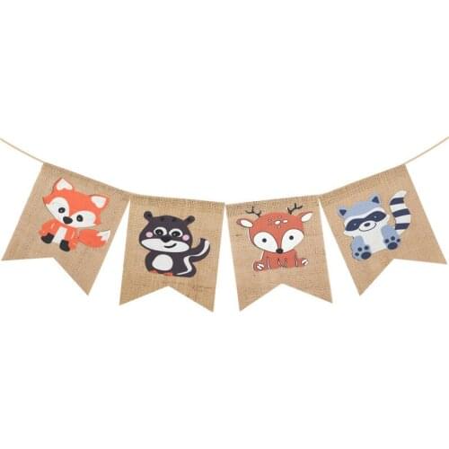 1 Pcs Cartoon Animal Party Flag Banners Cute Fox Raccoon Deer Linen Banner Pull Flower Pet Birthday Theme Party Decorations