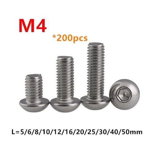 200pcs ISO7380 Hexagon Socket Button Head Screws M4*5/6/8/10/12/16/18/20/25/30/50mm Stainless steel A2-70 Round Mushroom Bolts
