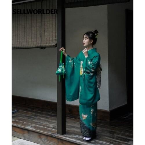 2021 SELLWORLDER Japanese Kimono Style yukata retro Girl Green dress Woman floral print Long Dress with handbag