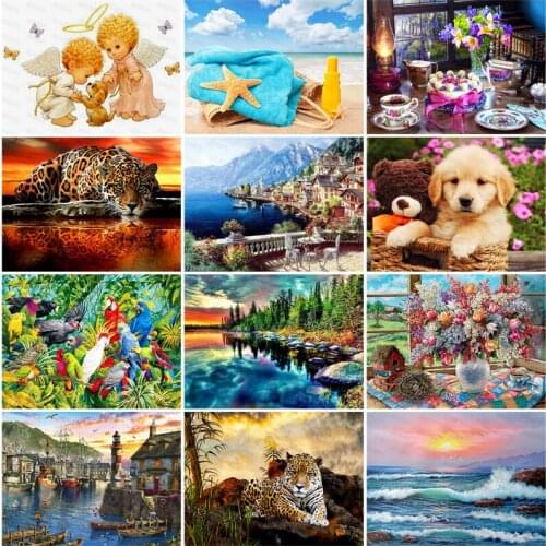 Diy Diamond Painting Beautiful Sea Sunrise Landscape Color Red White Blue Black Parrot Domestic Pet Dog Golden Retriever Poster