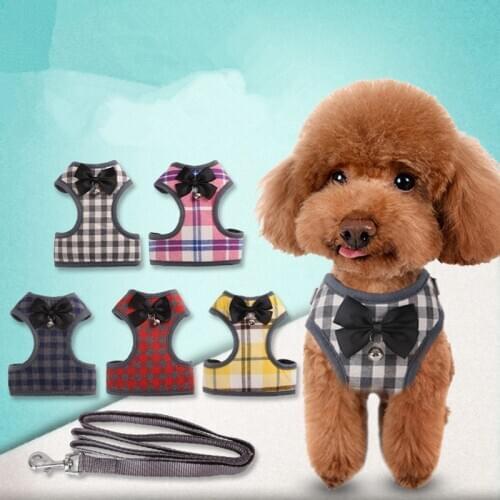 Pet Small Dog Harness Nylon Vest Walking Lead Leash Cats Plaid Harmness With Bowknot Small Medium Pet Teddy Chihuahua Products