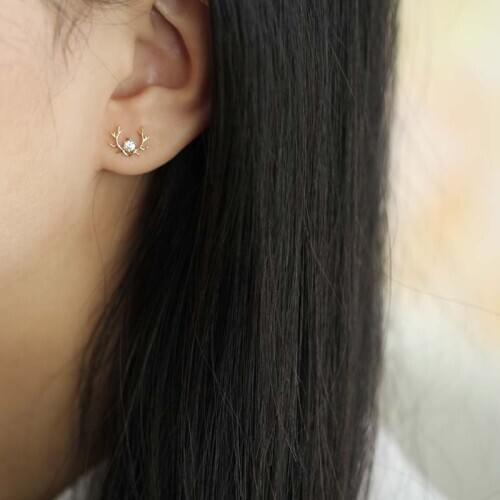 9K Real Solid Gold Stud Crystal Antlers Deer Earring Jewelry Simple Minimal Vintage Style Dainty holiday Christmas gift