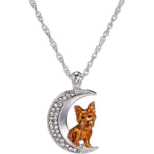 Exquisite Silver Color Cute Crystal Zircon Dog Necklace Pendant Moon Shape Pet Puppy Necklace for Women Jewelry Gifts