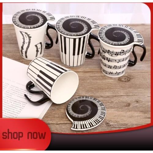 Creative Ceramic Mug with Cup lid Coffee Cup Piano Musical Note Coffee Mugs Tea Cup Porcelain Travel Cup For Milk Mug