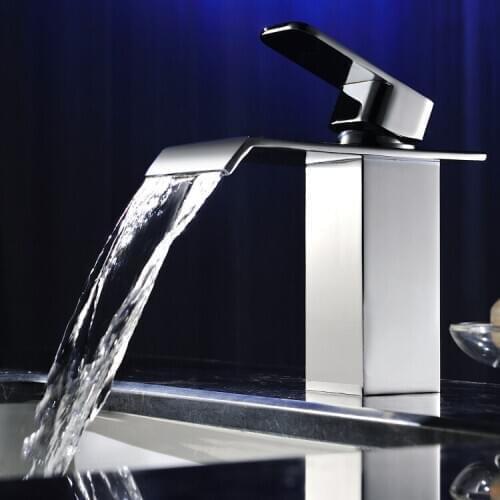 Square Modern Waterfall One Hole Bathroom Sink Faucet mixer Tap chrome Free Ship