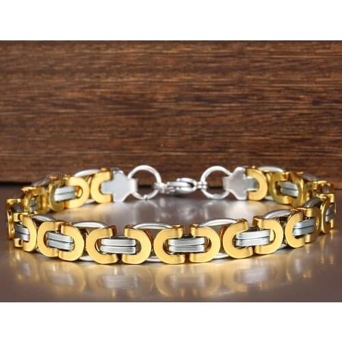 9mm Gold Silver Color Stainless Steel Mens Bracelet Byzantine Flat Chain Bracelet for Men Boys Jewelry Gifts DKB259