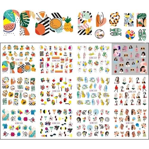 12 Designs Abstract Lines Russian Letters Stickers For Nails Fruit Nail Art Water Decals Set Foils Decorations Designs Flowers
