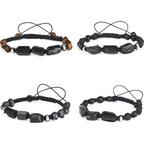 Natural Rough Black Tourmaline Healing Stone Bead Matte Onyx Lava Hematite Unisex Adjusted Macrame Energy Bracelet Dropshipping