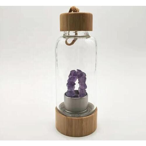 Natural newly designed gem amethyst gravel infused glass bottle bamboo lid gift for a friend