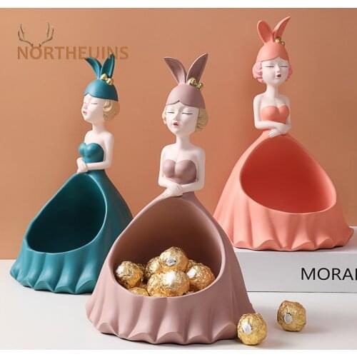 NORTHEUINS Resin Bunny Ears Girl Skirt Storage Figurines For Interior Nordic Creative Beauty Room Desktop Decoration Accessories