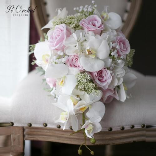 PEORCHID Roses Orchid Pink Waterfall Bouquet Artificial Flowers Handmade Ramo De Novia Wedding Cascading Bridal Bouquets