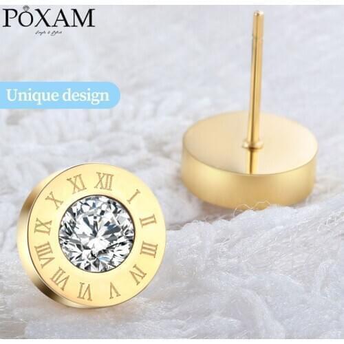 POXAM Fashion New Roman Numeral Round Crystal Small Stud Earrings for Women Man Personality Statement Cubic Zirconia Ear Jewelry