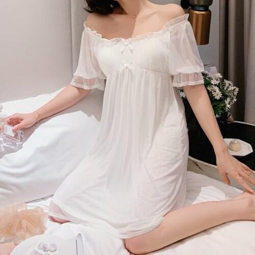 Sexy Mesh Lace Night Dress Women Vintage Nightgowns Princess Sleepwear Summer Girl Kawaii Sleep Dress with Breast Pad Loungewear