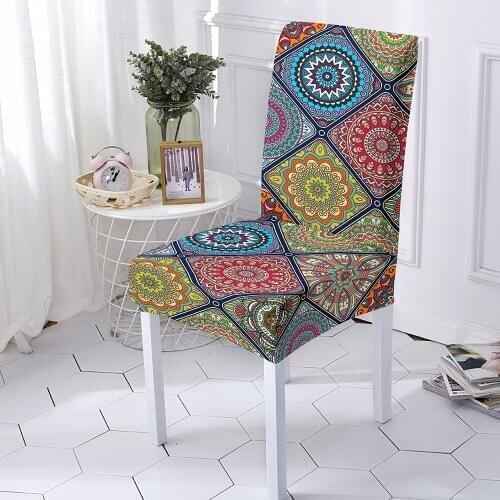 Spandex Printed Mandala Chair Cover Stretch Elastic Dining Seat Cover for Banquet Wedding Anti-dirty Removable housse de chaise