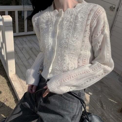 Spring New Stylish Petal Collar Beading Knitted Cardigans Chic Hollow Out Casual Retro Sweater Short Jacket Coat 2021
