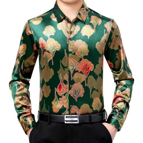 Green Velour Long Sleeve Mens Dress Shirts Gold Leaves Print Velvet Shirt Men Slim Fit Casual Button Down Shirt Male Chemise