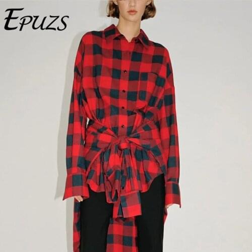 2021 Spring Women Vintage Lapel Plaid Oversize Jacket Coat Fashion Slim Long Sleeve Knotted sleeves Jacket Casual Loose Chic Top