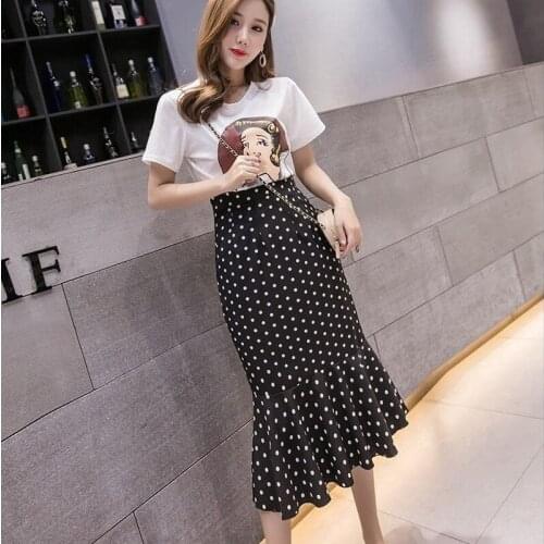New Summer Plus Size Polka Dot Mermaid Skirt for Women Spring Elastic Waist Korean OL Midi Skirts White Black Jupe Femme Y913