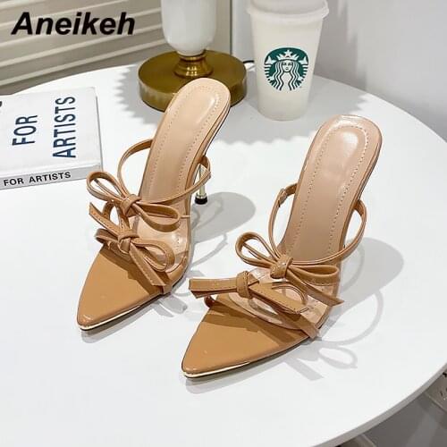 Aneikeh Women Mules Shoes Summer Solid Slippers Slides New Fashion Patent Leather 2021 NEW Concise Butterfly-Knot Sweet Shallow