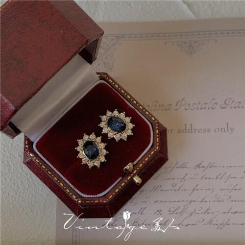 925 Silver Needle Blue Vintage French Elegant Fashion Sapphire Zircon Luxury Charming Stud Earrings Jewelry for Women Gift New
