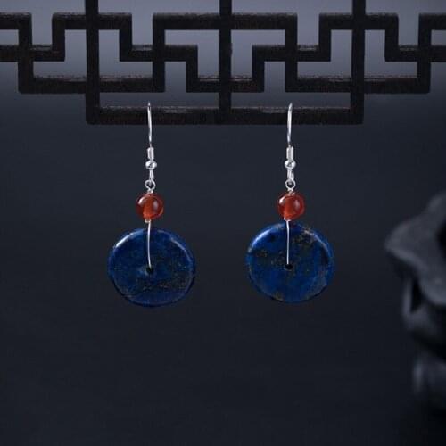 S925 Silver Lapis Lazuli Safe Buckle Earrings Antique Art Retro Old Handmade Beautiful Earrings Female