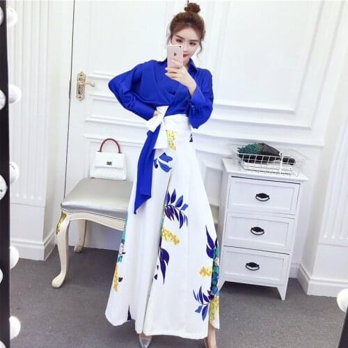 Womens Spring New Suits Loose Long-Sleeved Shirt + Printed Drape Wide-Leg Pants Two-Piece Sets