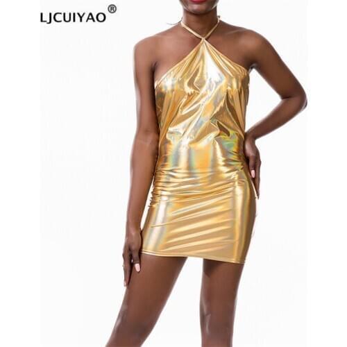 LJCUIYAO Off Shoulder Backless Sleeveless Sexy Dress Halter Bandage Bandage Metallic Gold Silver Evening Party Short Mini Dress
