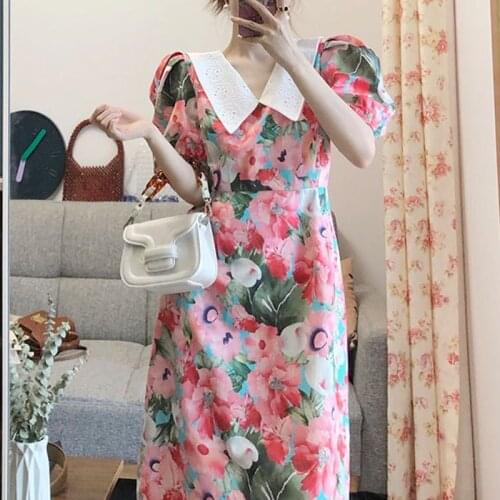French Style Vintage Floral Print Peter Pan Collar Puff Sleeve Long Maxi Dress Boho Dress Casual Holiday Lady Party Pink Dress