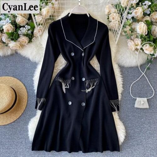 Cyanlee women autumn vintage black knitted long sleeve A-line dresses for women korean elegant office ladies knitting dresses