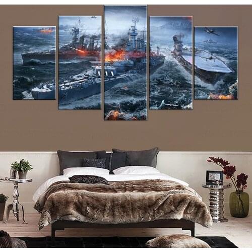 5 Piece Military War World of Warships Tank World Painting Game Poster Decorative Mural Wall Decor Canvas Painting frame