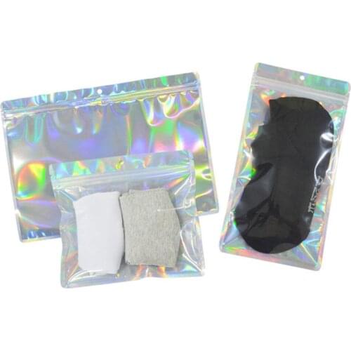 50Pcs Big Size Flat Hologram Zip Lock Cosmetic Bags Holographic Laser Zipper Top Jewelry Cosmetic Aluminum Foil Bags Hang Hole