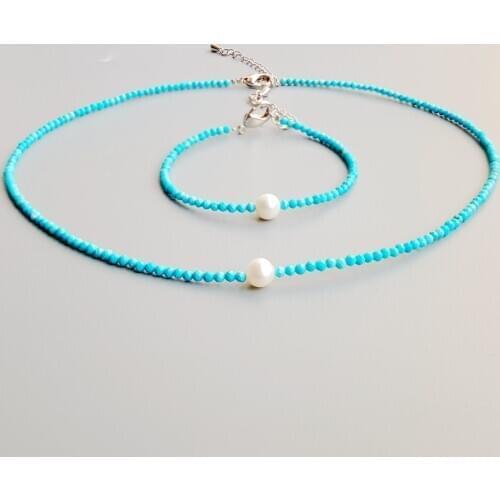 Turquoises Freshwater Pearl Beads Choker Necklace Bracelet Set Natural Stone Popular Jewelry for Women Nice Gift