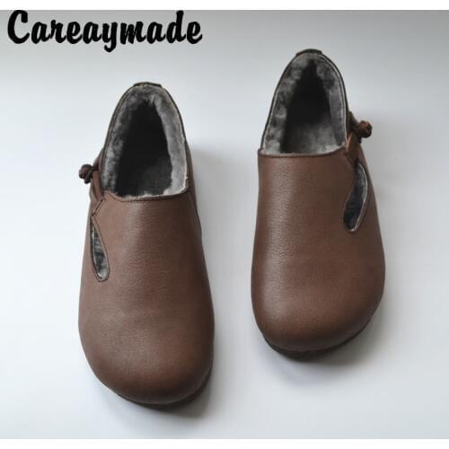 Careaymade-Winter leather sheepskin and wool integrated cotton shoes, womens retro literary and artistic soft sole wool shoes