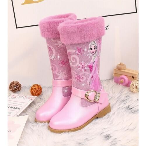 Elsa Princess Kids High Boots Girls Winter Warm Plush Snow Boots Disney Frozen Print Childrens Boots