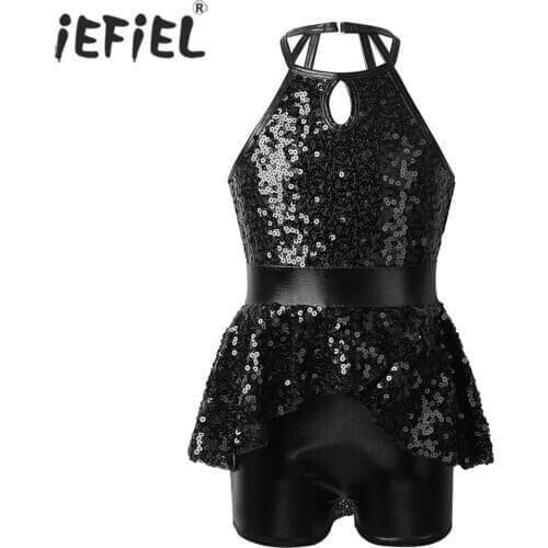 Kids Girls Sleeveless Halter Shiny Sequins Caged Back Ballet Dance Shorty Leotard Dress for Lyrical Contemporary Dance Costume