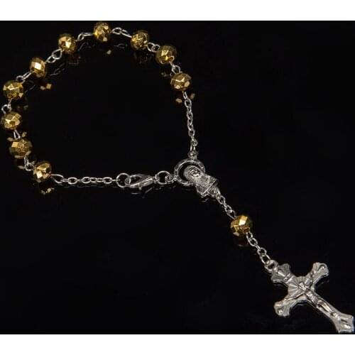 Christian Cross Bracelet 6mm Jesus Rosary Bracelet Gold, Golden Jesus Cross Bracelet Baptism Rosary