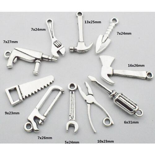 Tool Charm Collection 50pcs Tibetan Silver Tone Hammer Wrench Saw Pliers Tape Screwdriver Construction Drill Pendants Diy craft