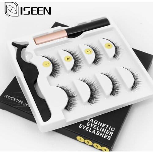 ISEEN 2/4 Pairs 3D Faux Mink Magnetic Eyelashes Eyeliner Natural Short False Eyelashes Set Magnetic Eyeliner&Tweezer Makeup Set