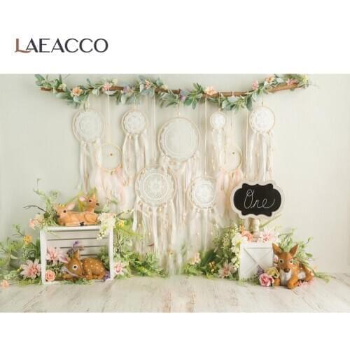 Laeacco Pink Flowers Dream Catcher 1st Birthday Party Gray Floor Stage Child Portrait Photographic Background Photo Backdrops