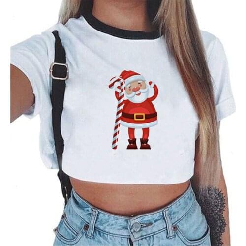 Fashion Father Christmas Printed Fall Sales Womens t-Shirts Short sleeve O-Neck short length T-shirts with Christmas Cartoon