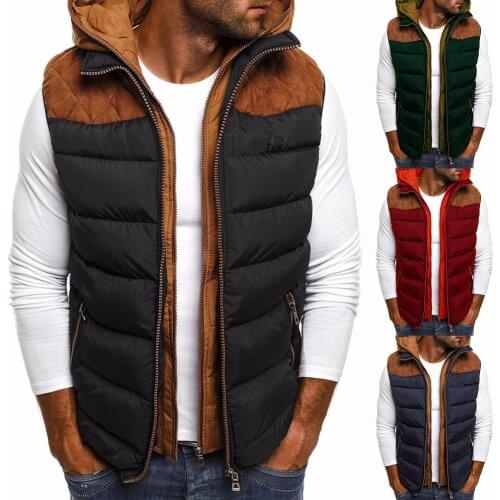 Mens Autumn And Winter Zipper Pocket Sleeveless Hooded Cotton Jacket Vest Jacket Loose Casual Style Color Matching Jacket Vest
