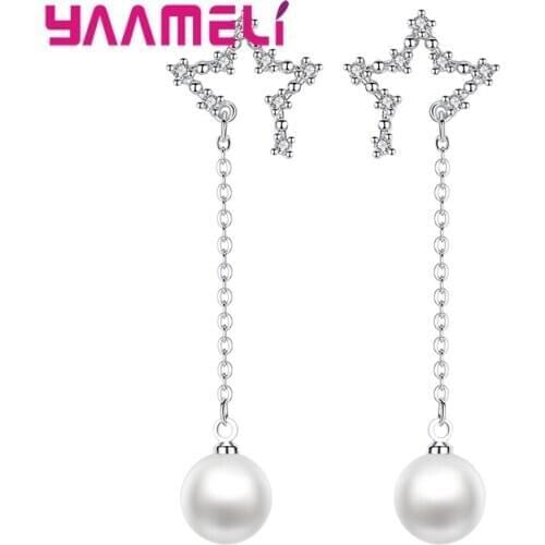 Newest Trendy Korean Style Pearl Earrings Luxury 925 Sterling Silver with Cubic Zirconia Pave Setting Star Charming Jewelry
