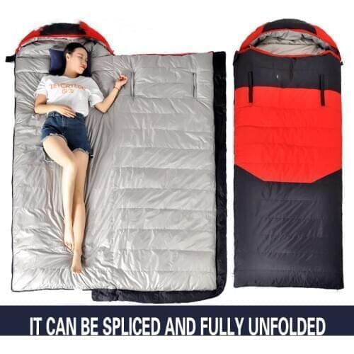 Down sleeping bags keep warm at minus 30 degrees. Outdoor goose down camping is thicker in winter Travel bed